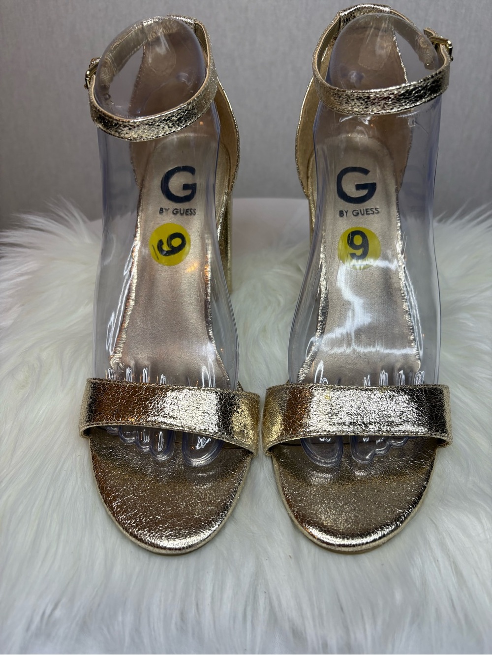 G by Guess Metallic Gold Clear-Strap Block Heel Sandals